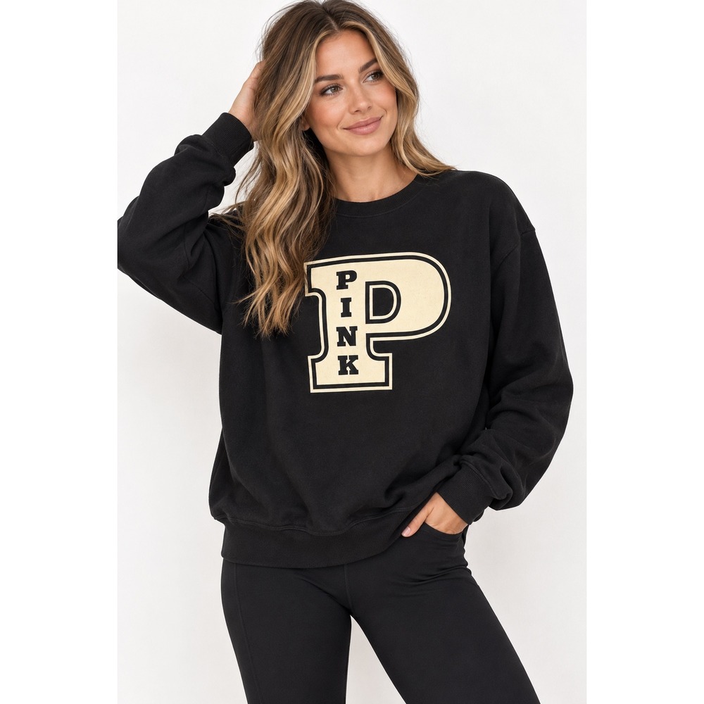 PINK Victoria's Secret Black Graphic Crewneck Sweatshirt Large P Logo Medium
